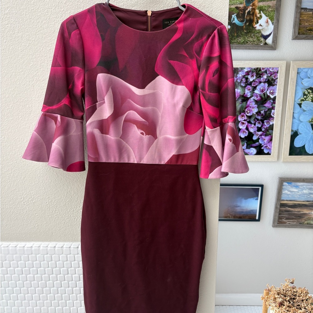 Ted Baker Rose Print Burgundy Fitted Dress